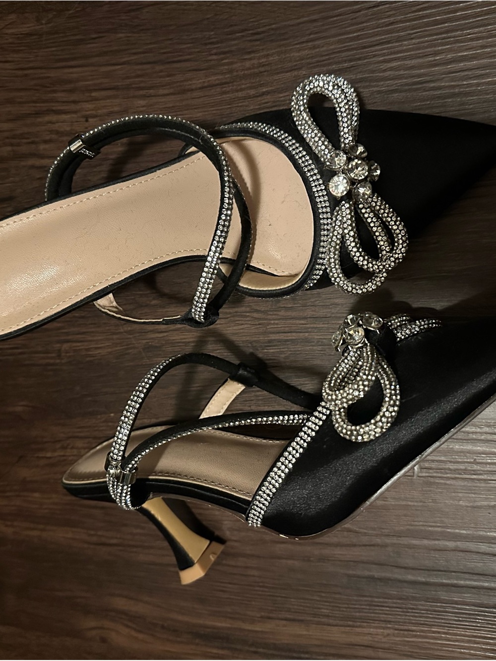 Black Satin Slingback Heels with Crystal Bow Embellishment